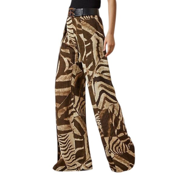 RALPH LAUREN Purple Label Women Saunders Pants Size 6 Brown Zebra Print Wide Leg - Picture 1 of 15
